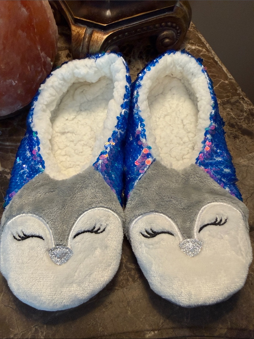 Target Blue Sequin Plush Animal Face Women's Slippers